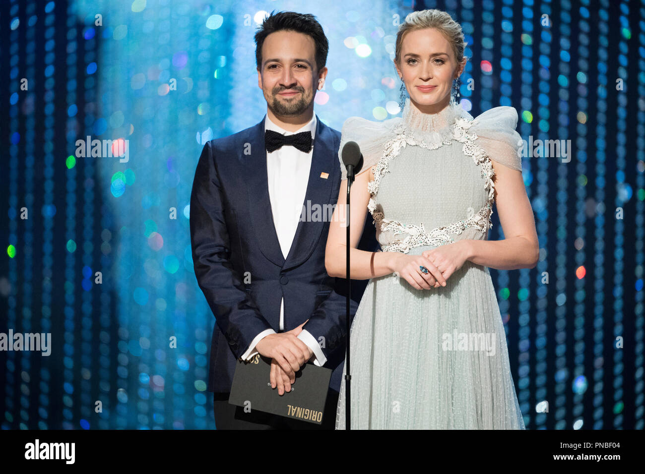 Lin Manuel Miranda and Emily Blunt present the Oscar for achievement in music written for motion pictures Original song during the live ABC Telecast of The 90th Oscars at the Dolby Theatre in