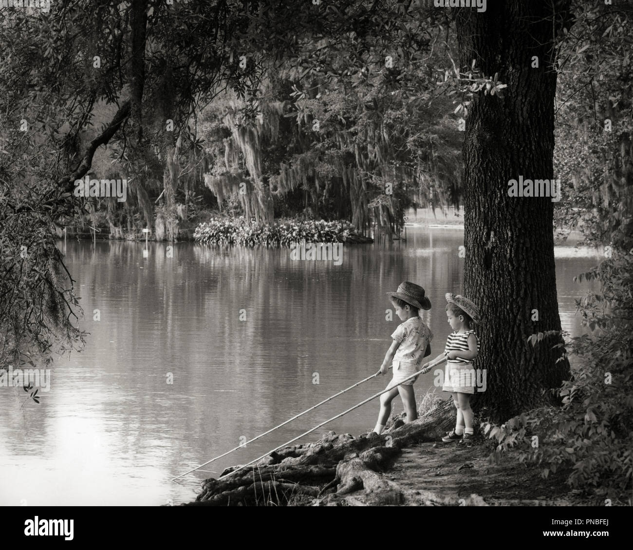 1960s LITTLE BOY AND GIRL FISHING HOLDING STICKS IN WATER BAYOU VEGETATION SPANISH MOSS HANGING FROM TREES - a7065 HAR001 HARS FRIENDSHIP FULL-LENGTH INSPIRATION MALES SERENITY SIBLINGS SISTERS B&W SUMMERTIME AND RECREATION LOUISIANA MOSS MOOD SIBLING SOUTHERN TIMELESS LITTLE SISTER STICKS BAYOU COOPERATION GROWTH JUVENILES TOGETHERNESS VEGETATION BIG BROTHER BLACK AND WHITE CAUCASIAN ETHNICITY HAR001 OLD FASHIONED Stock Photo
