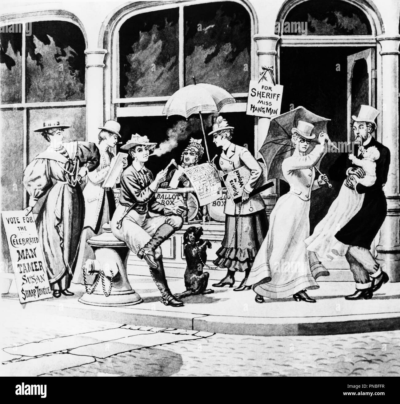 1800s ANTI-SUFFRAGE CARTOON SHOWING WOMEN RUNNING FOR OFFICE WEARING PANTS BOOTS SMOKING CIGARETTE ATTACKING MAN HOLDING BABY - a7969 HAR001 HARS 1800s B&W VOTE CIGARETTES FREEDOM POLITICAL HUMOROUS STYLES TROUSERS SUFFRAGE TURN OF THE 20TH CENTURY WOMEN'S RIGHTS CARTOON EXCITEMENT LEADERSHIP PROGRESS RIGHTS TO FEMININE MASCULINE OCCUPATIONS POLITICS RIGHT POOCH EQUAL RIGHTS CAMPAIGN 19TH CENTURY CONCEPTUAL STYLISH SUPPORT BLOOMERS SEXISM WOMEN'S BALLOT BOX FASHIONS SEXIST BLACK AND WHITE CAUCASIAN ETHNICITY DEMONSTRATING FEMINIST HAR001 OLD FASHIONED Stock Photo