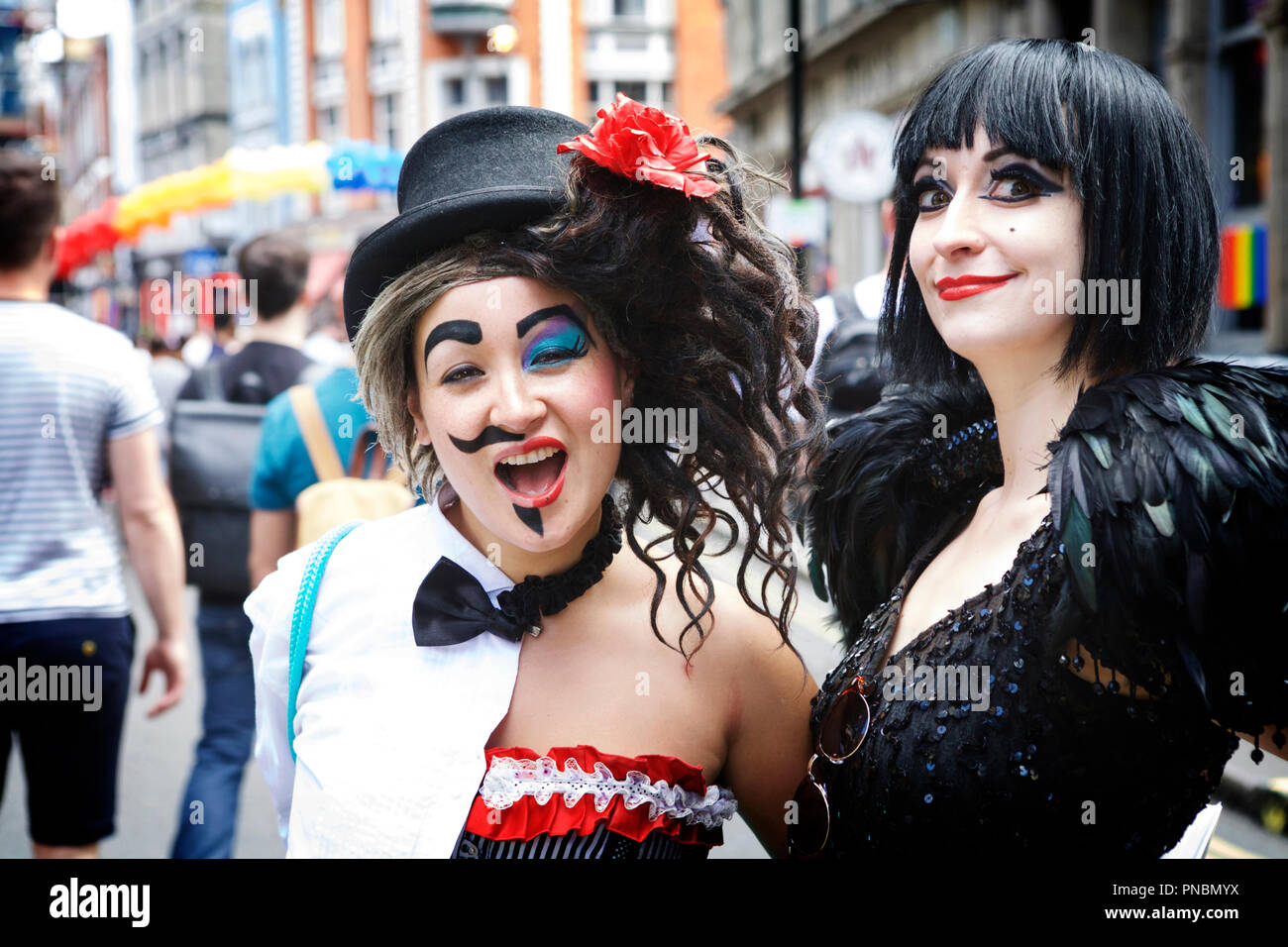Soho London street scene, mime artists / cabaret artists. Performance art. Stock Photo