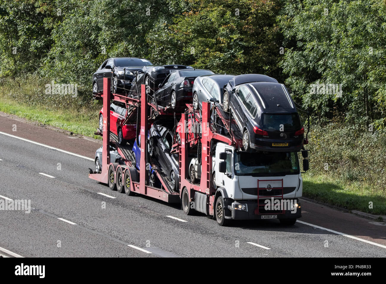 Autotransporter, car carrier; HGV Heavy goods lorries, trucks & trucking,  logistics transpor, Renault vehicles on the M6 at Lancaster, UK Stock Photo  - Alamy