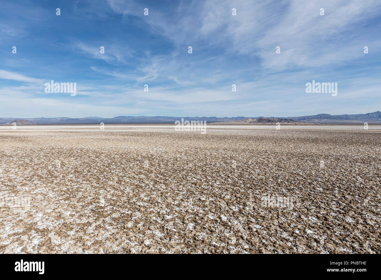 Soda dry lake bed in the Mojave desert near Baker and Zzyzx California. Stock Photo