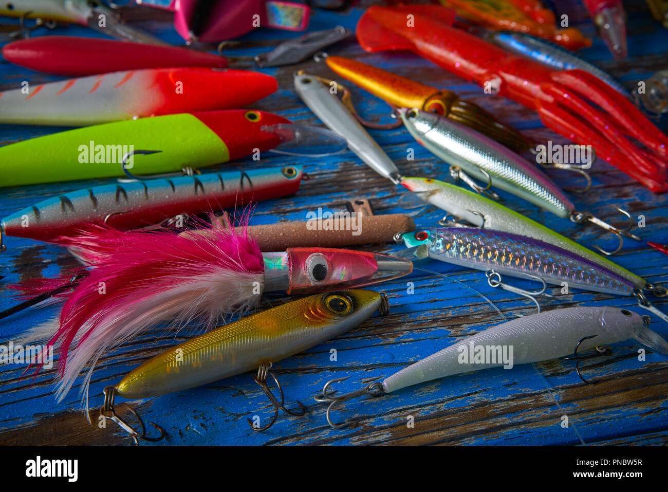Fishing lures tackle collection for saltwater trolling and spinning angler Stock Photo
