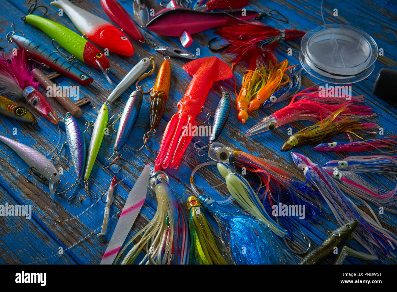 Fishing lures tackle collection for saltwater trolling and spinning angler Stock Photo