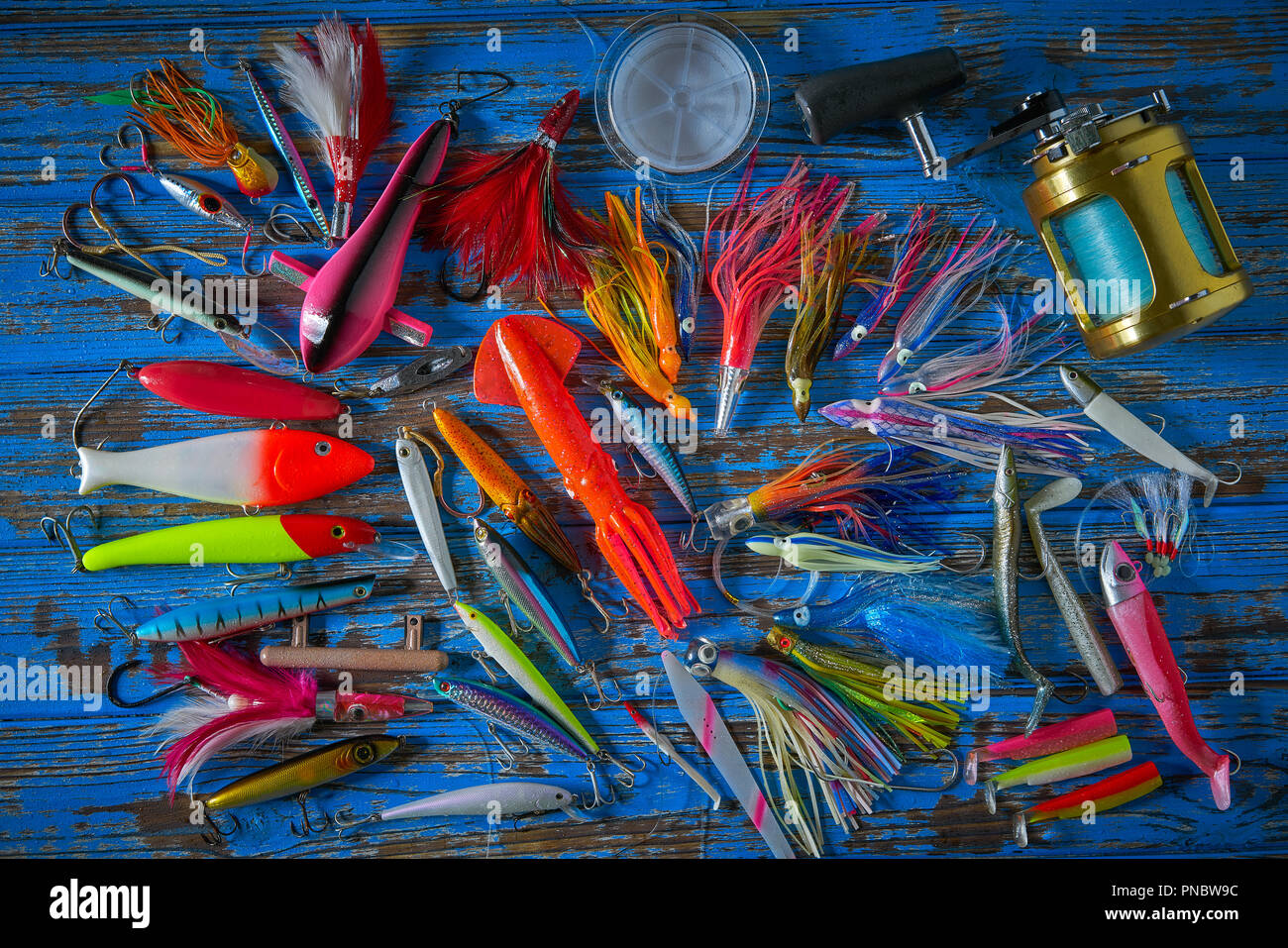 Fishing lures tackle collection for saltwater trolling and spinning angler Stock Photo