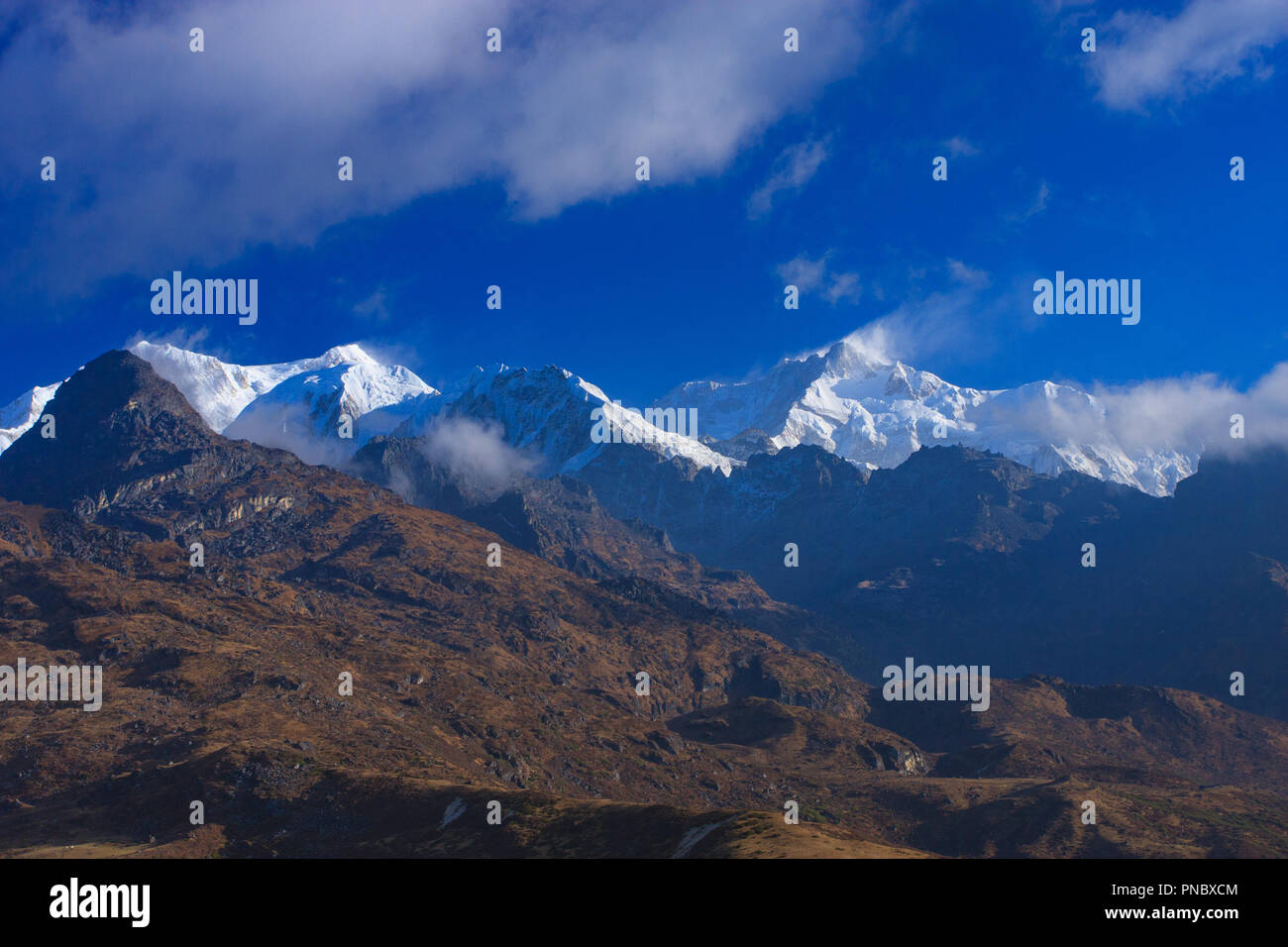 Himalayan Peaks as seen from Dzongri (Goecha La Trekking Route - Sikkim ) Stock Photo
