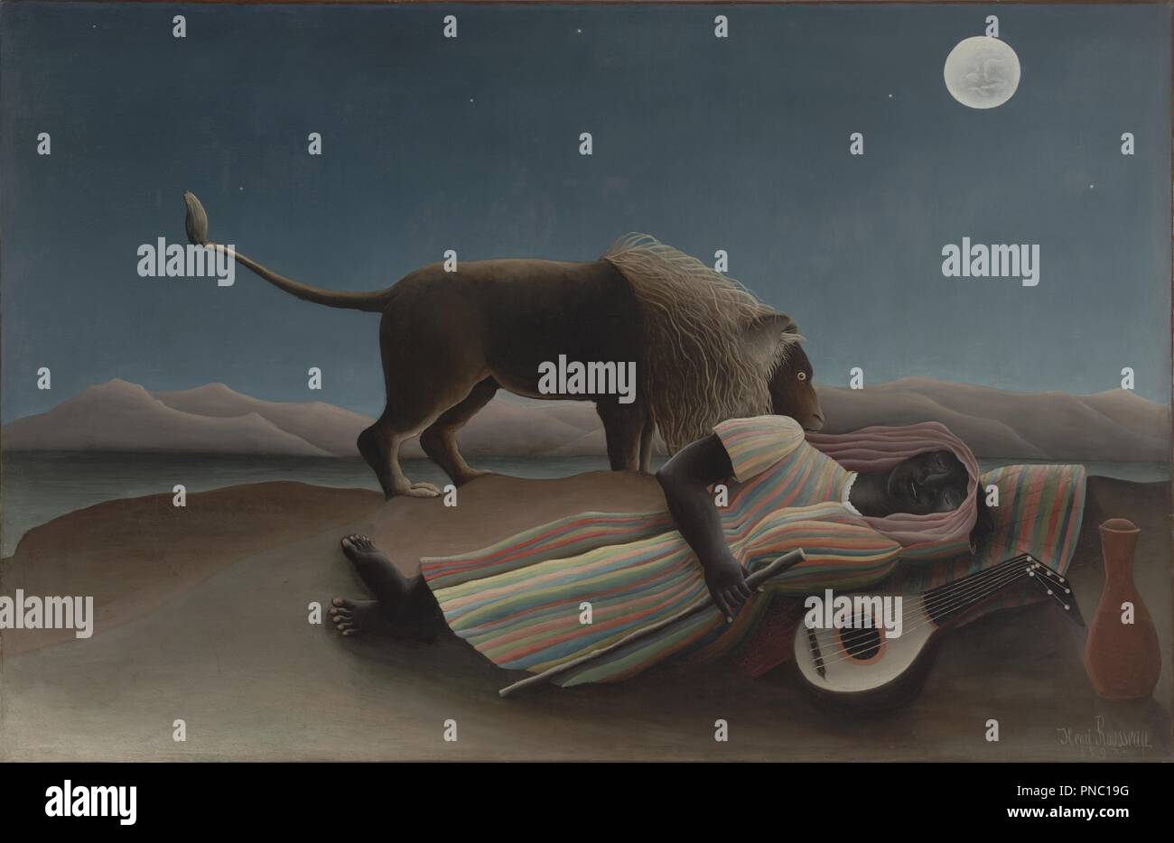 La Bohémienne endormie / The Sleeping Gypsy. Date/Period: 1897. Painting. Oil on canvas. Height: 129.5 cm (50.9 in); Width: 200.7 cm (79 in). Author: Henri Rousseau. ROUSSEAU, HENRI. Rousseau, Henri Julien Félix. Stock Photo
