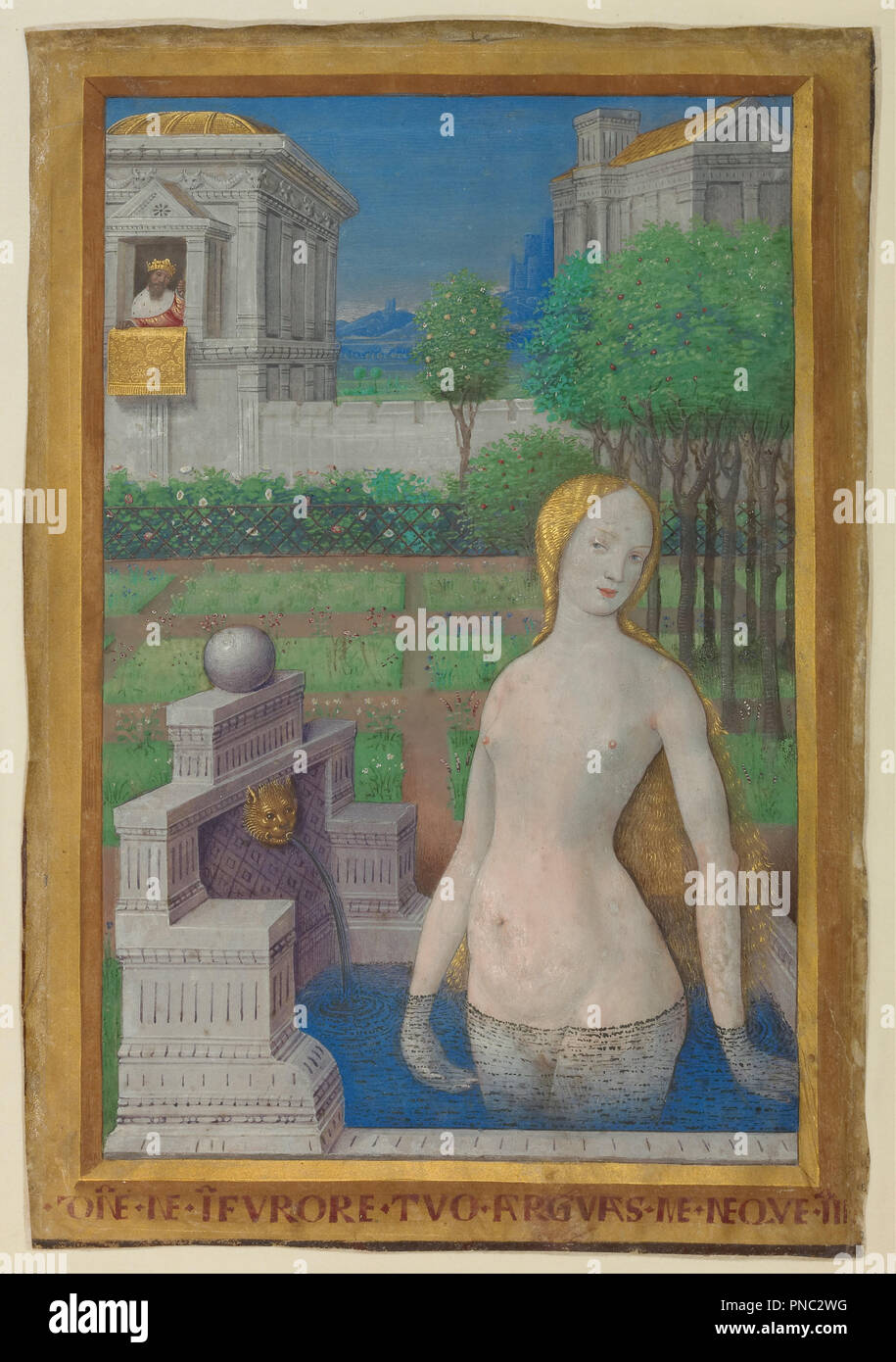 Bathsheba Bathing. Date/Period: 1498 - 1499. Detached leaf. Tempera and gold on parchment. Height: 243 mm (9.56 in); Width: 170 mm (6.69 in). Author: Jean Bourdichon. Stock Photo