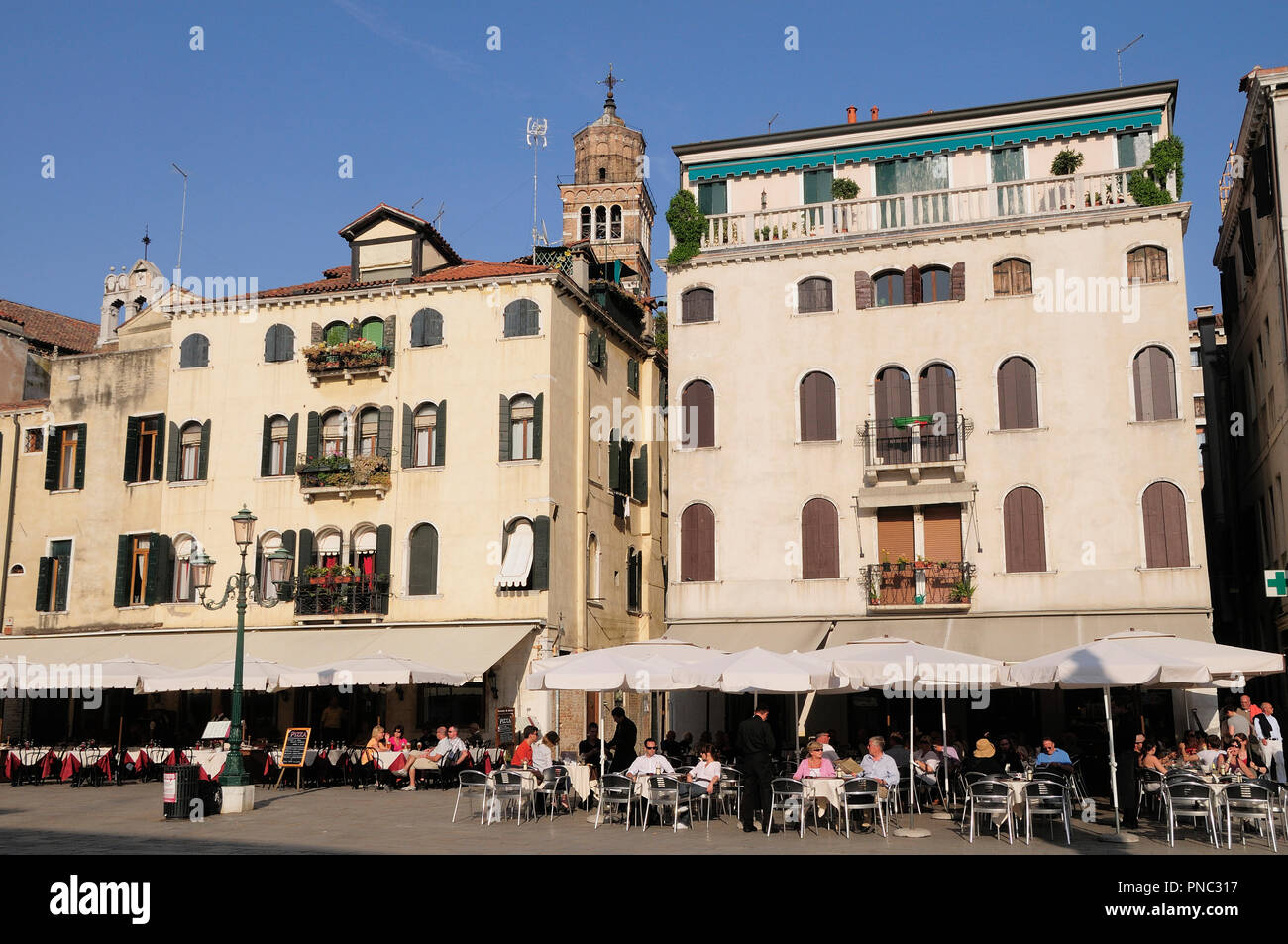 Italy, Venice, cafes & restaurants on Campo Santo Stefano Stock