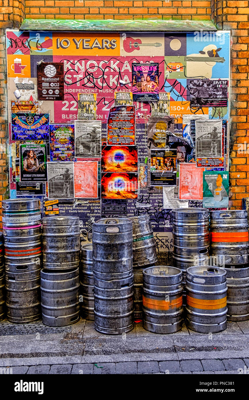Dublin, Ireland, March 2018, empty beer barrels in Dame Lane after St Patrick's Day Stock Photo