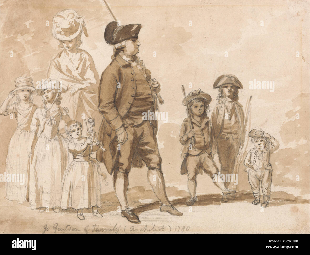 James Gandon and Family. Date/Period: 1780. Portrait. Brown wash and brown ink over graphite on medium, cream, slightly textured wove paper. Height: 146 mm (5.74 in); Width: 194 mm (7.63 in). Author: Paul Sandby. Stock Photo