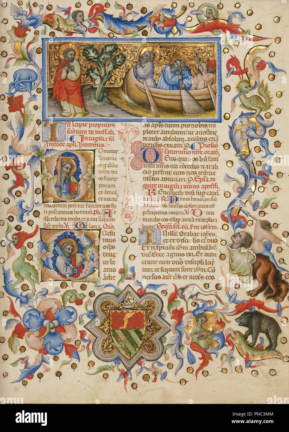 Missal. Date/Period: Between 1389 and 1404. Manuscript. Tempera colors, gold leaf, gold paint, and ink on parchment bound between wood boards covered with blind-stamped sheepskin. Height: 330 mm (12.99 in); Width: 240 mm (9.44 in). Author: Master of the Brussels Initials. Stock Photo