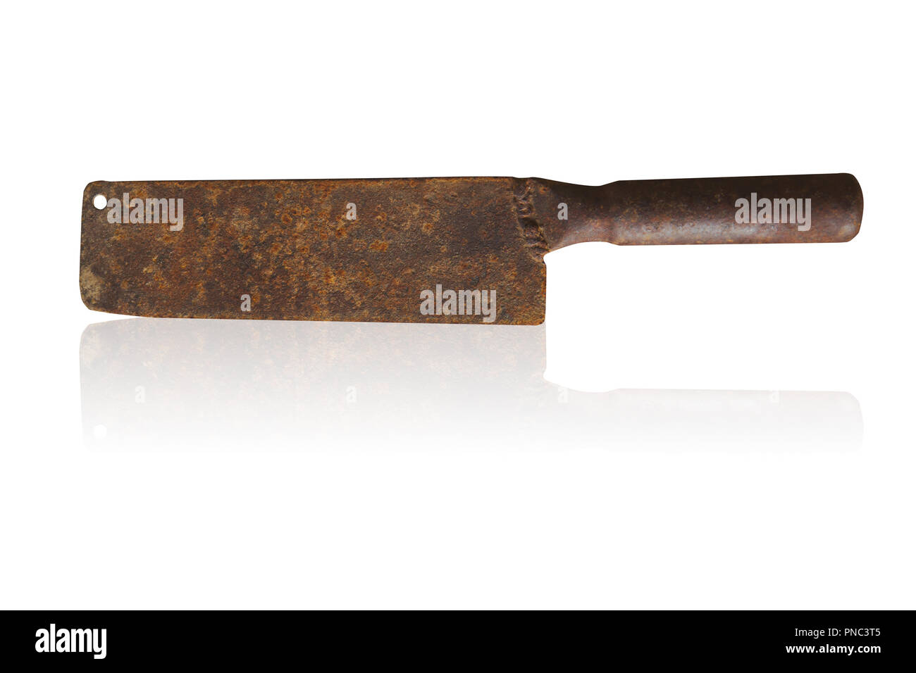 rusty grunge dirty old chopper or kitchen knife isolated on white. Stock Photo