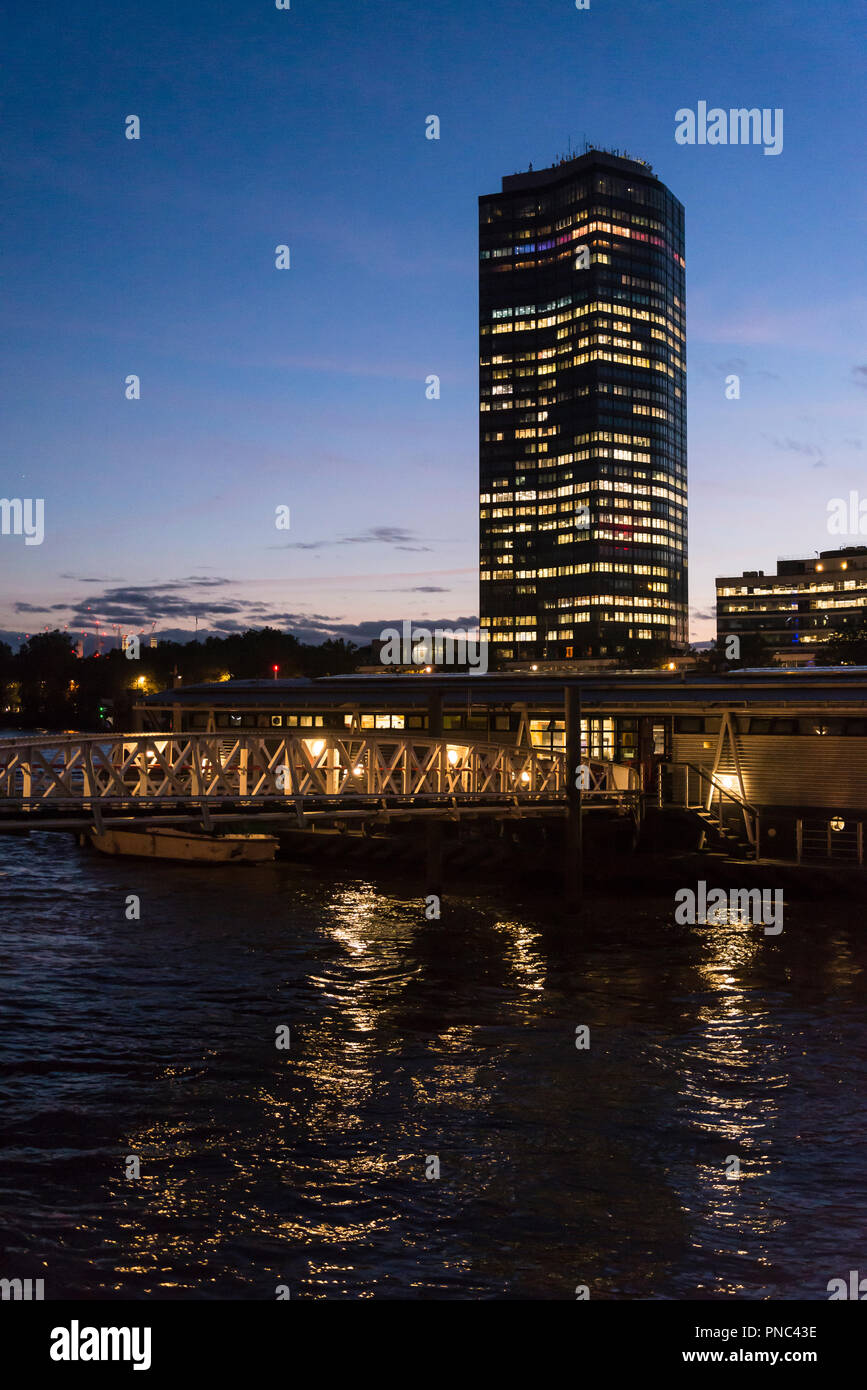 View of the Thames and Millbank tower at night, London, England, UK