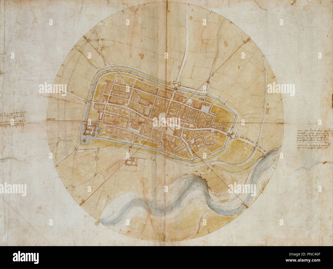 Plan of Imola. Date/Period: 1502. Drawing. Pen and ink, with coloured washes, and stylus lines, over black chalk on paper. Height: 440 mm (17.32 in); Width: 602 mm (23.70 in). Author: LEONARDO DA VINCI. Stock Photo