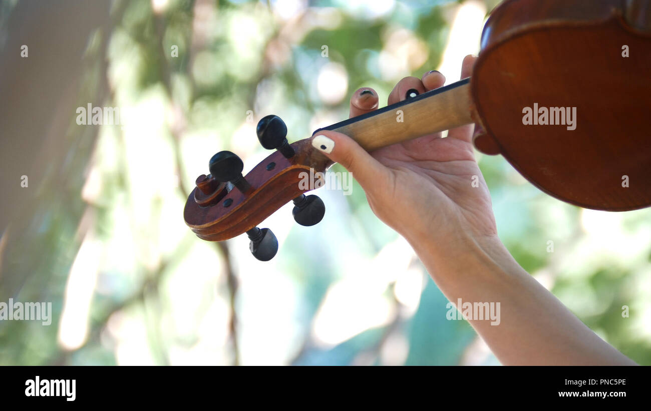 Young girl playing the vintage violin on the nature. Hands Stock Photo ...