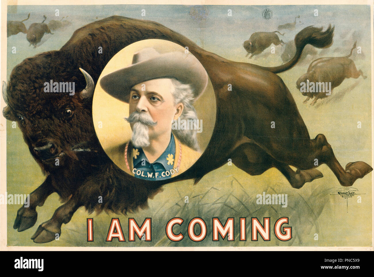 'Buffalo Bill' Cody. Date/Period: 1900. Chromolithographic poster. Print. Height: 673 mm (26.49 in); Width: 1,031 mm (40.59 in). Author: Courier Lithography Company. Stock Photo