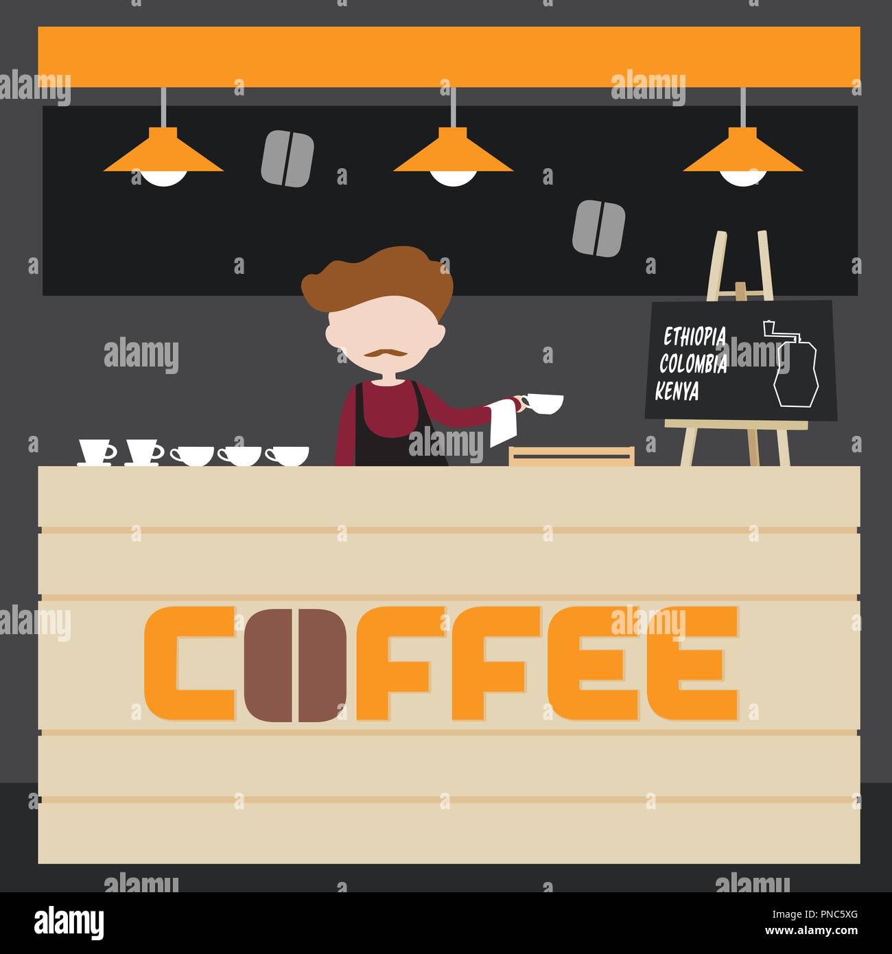 Male bartender standing behind bar in cafe with cup in hand - vector, flat design Stock Vector