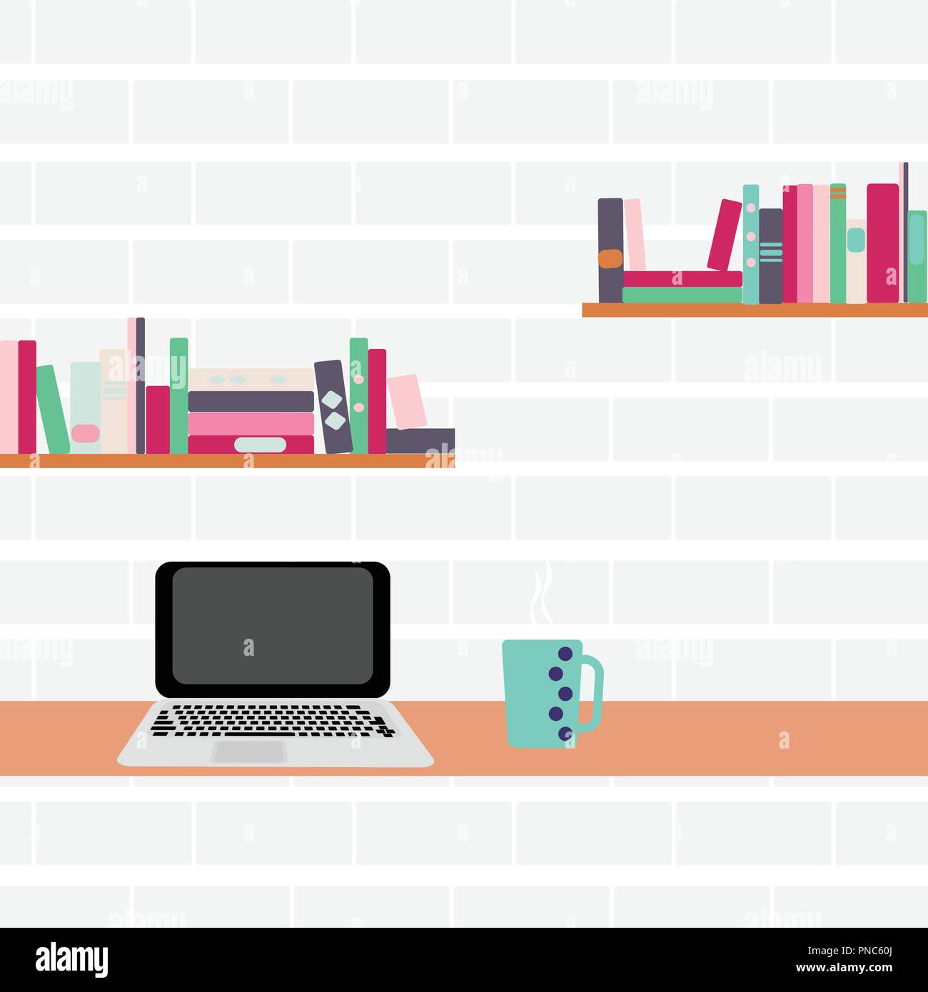 Vector illustration. Workplace. Computer and bookshelves on a brick wall Stock Vector