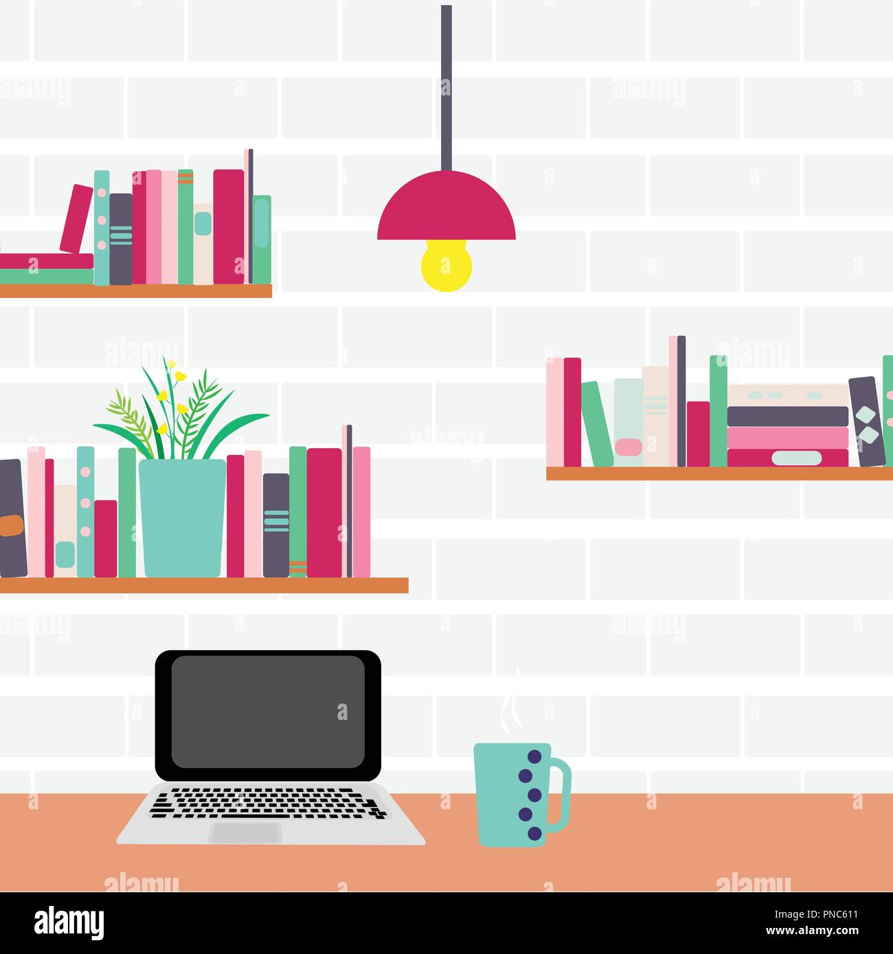 Vector illustration. Workplace. Computer and bookshelves on a brick wall Stock Vector