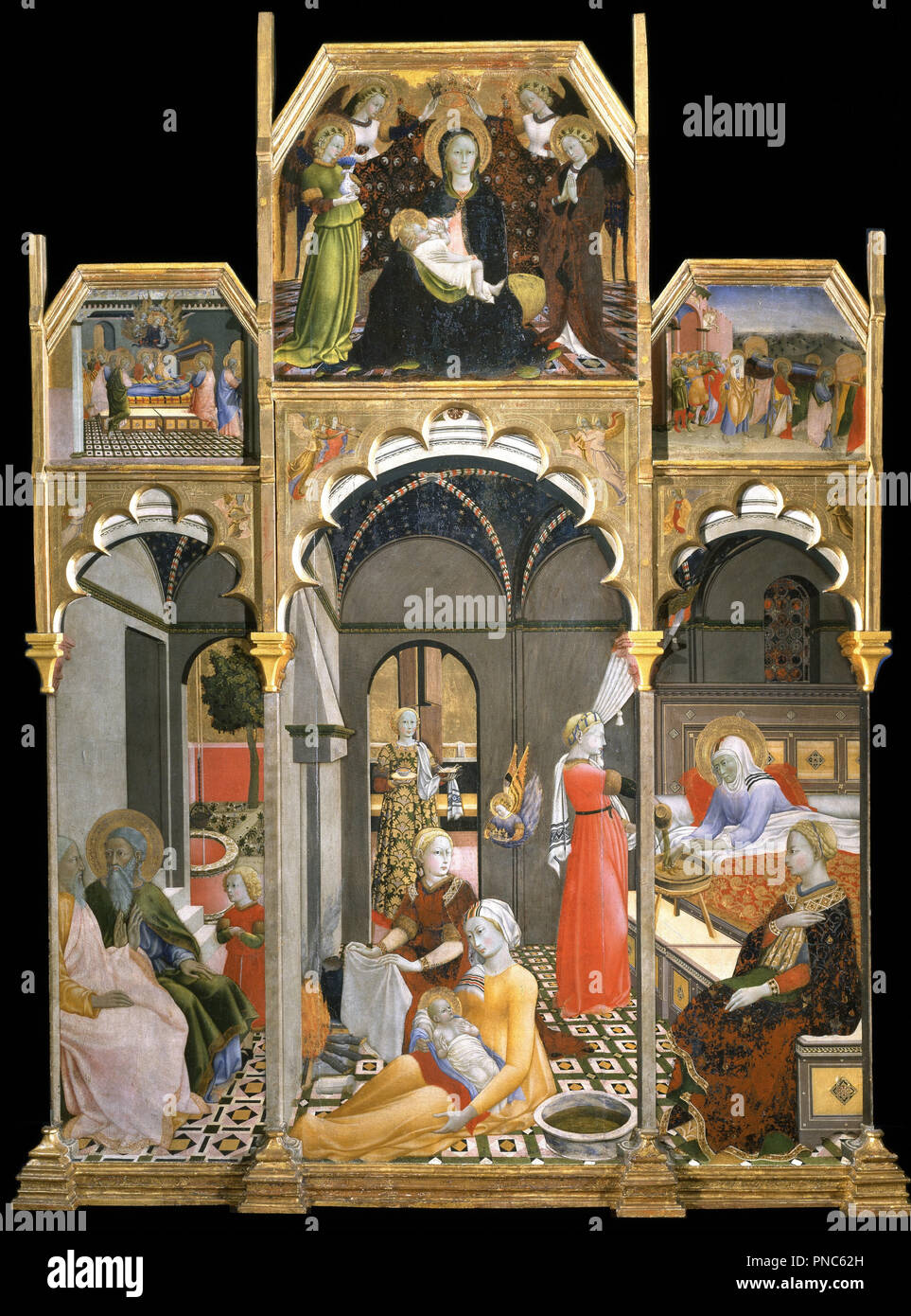 Birth of the Virgin; Stories of the life of the Virgin. Date/Period: 1437 - 1439. Tempera on Panel. Height: 222 mm (8.74 in); Width: 172.50 mm (6.79 in). Author: SANO DI PIETRO. Stock Photo