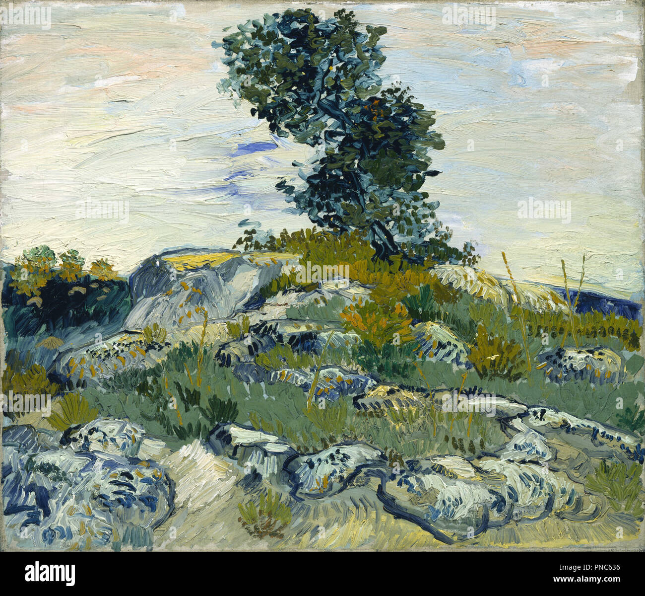 The Rocks / Rocks with Oak Tree. Date/Period: Arles, early July 1888. Painting. Oil on canvas. 54.9 × 65.7 cm (21.6 × 25.8 in). Author: VINCENT VAN GOGH. VAN GOGH, VINCENT. Stock Photo