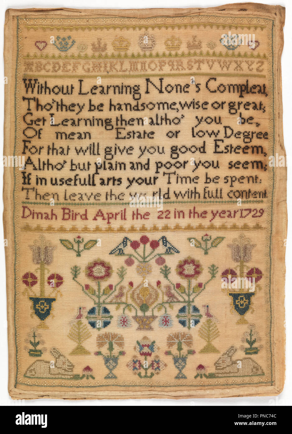 Sampler. Date/Period: 1729. Sampler. Medium: silk embroidery on cotton foundation. Technique: embroidered in cross, satin, rococo, running and double running stitches on plain weave foundation; sewn to linen tape and mounted on paper. Height: 225 mm (8.85 in); Width: 160 mm (6.29 in). Author: Dinah Bird. Stock Photo