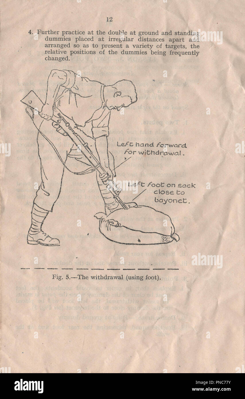 Small Arms Training Manual volume 1 pamphlet number 12 Bayonet published in 1937 by the war office to provide instruction to British military personnel on how to use the rifle mounted bayonet during the pre-war period and World War Two Stock Photo