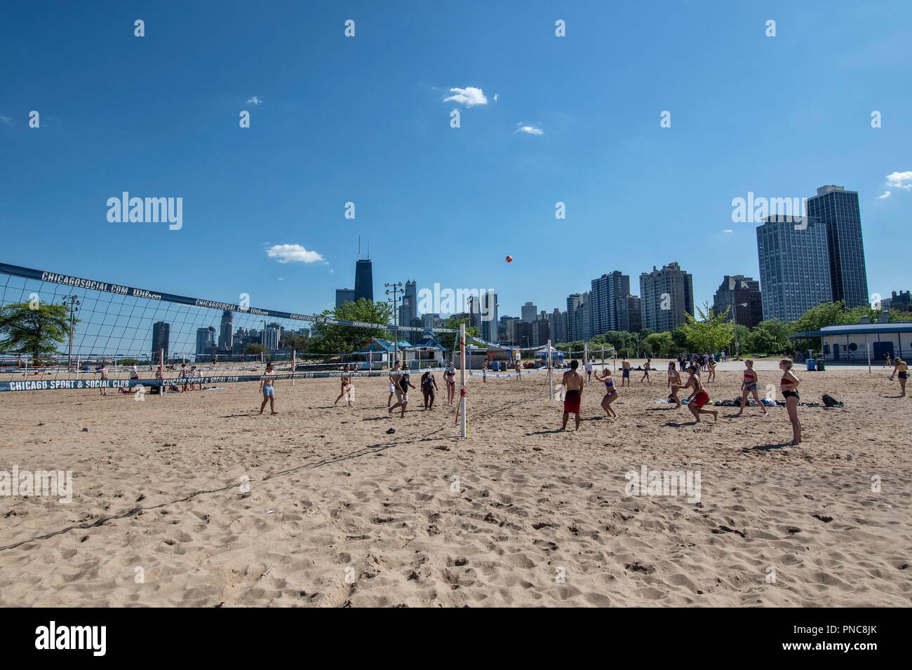 View of the Chicago skyline from North Avenue Beach volleyball court on