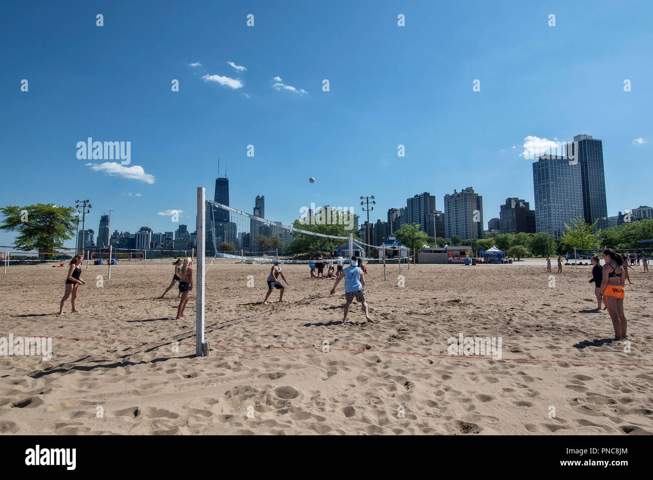 View of the Chicago skyline from North Avenue Beach volleyball court on