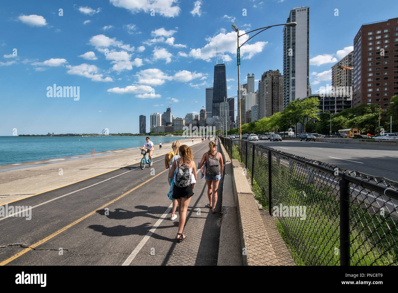 Lakefront Trail on Lake Shore Drive with a view of the Chicago, IL
