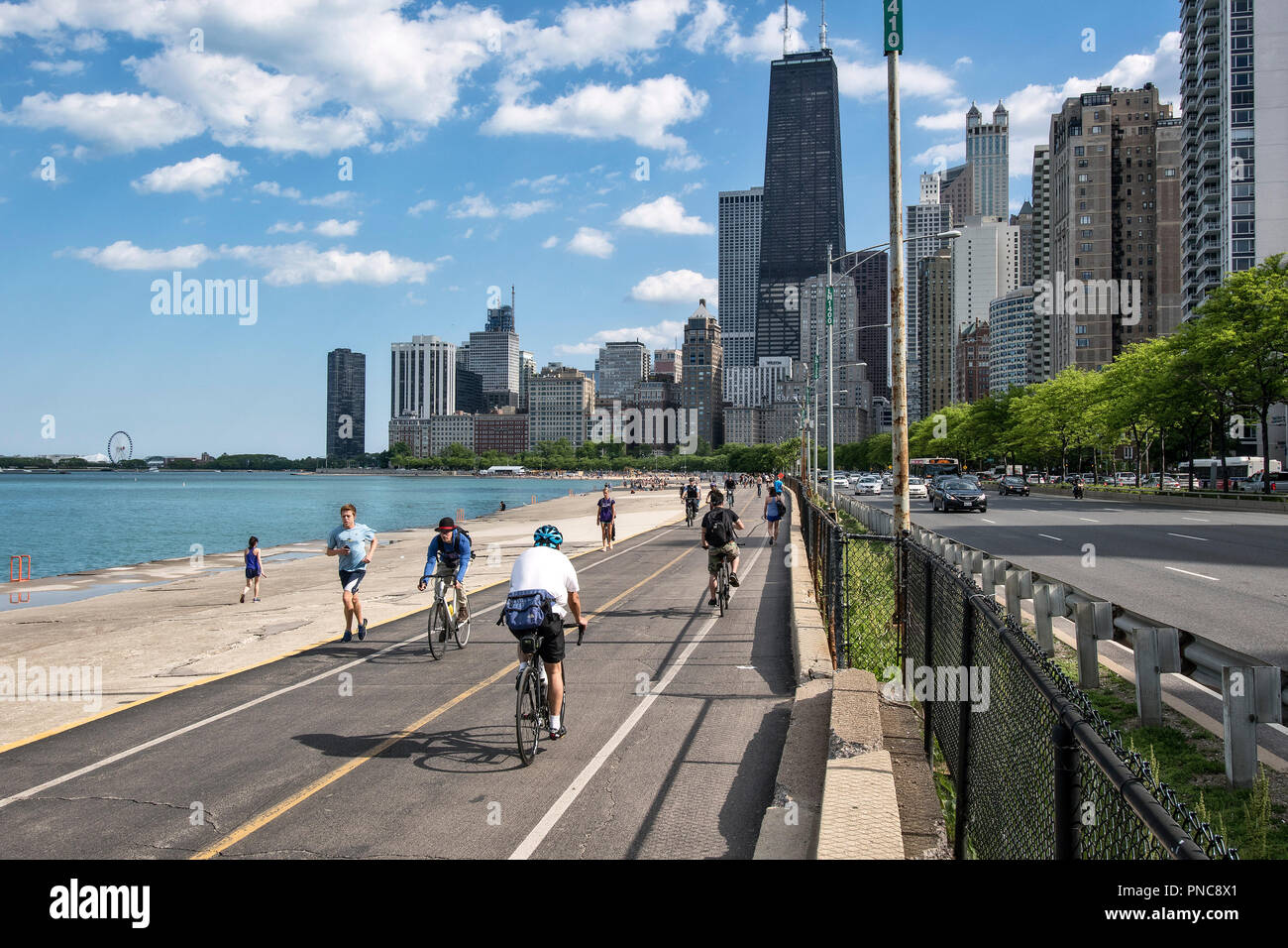 Lakefront Trail on Lake Shore Drive, Lake Michigan,with a view of the