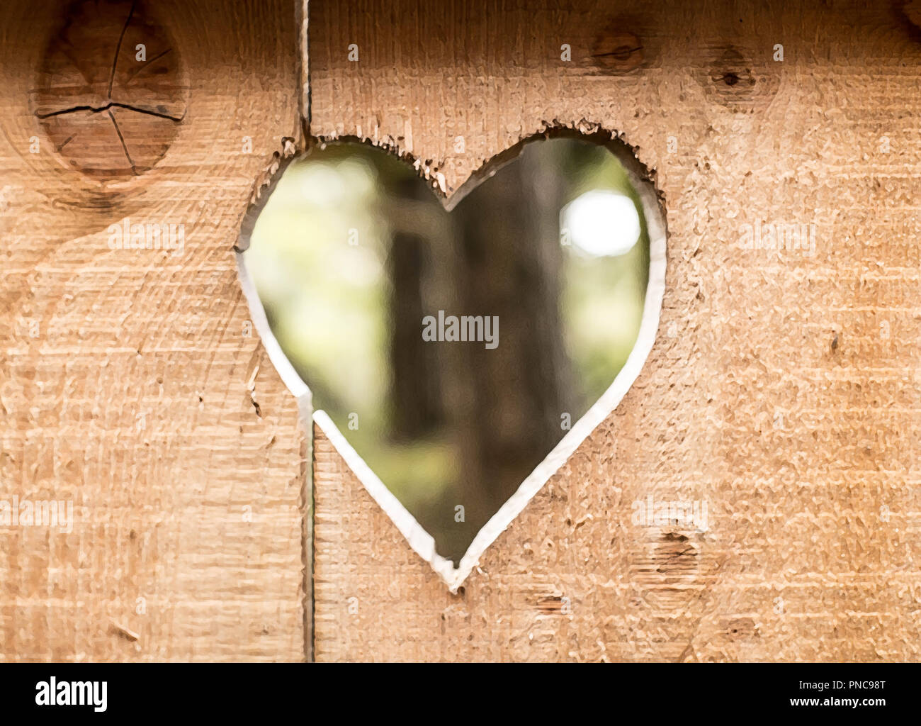 Heart carved in wooden wall texture, with bokeh background Stock Photo