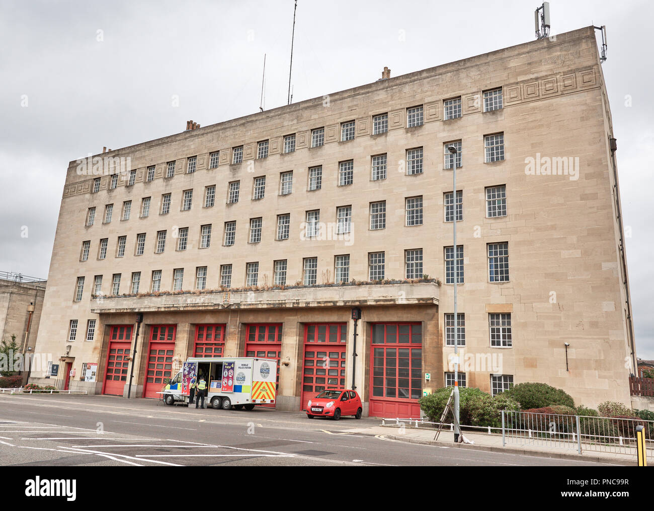Fire station building, with flats above it, at the town centre of
