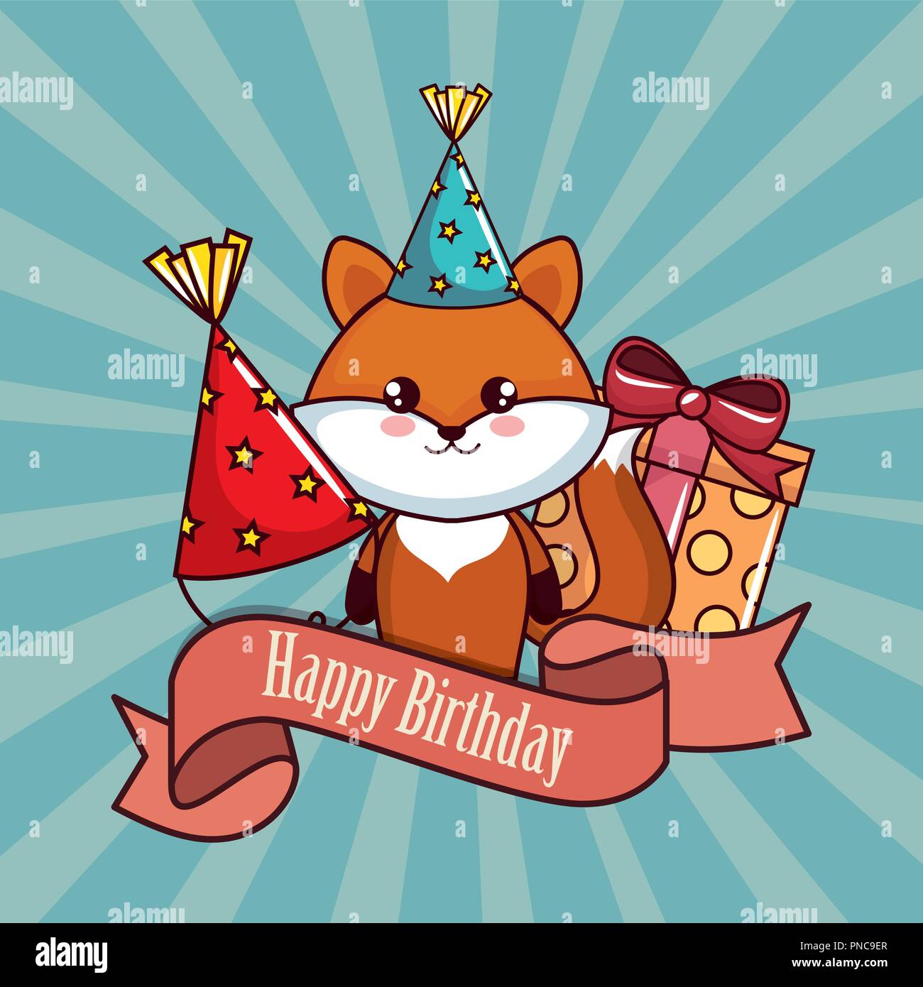 happy birthday card with cute fox Stock Vector Image & Art - Alamy
