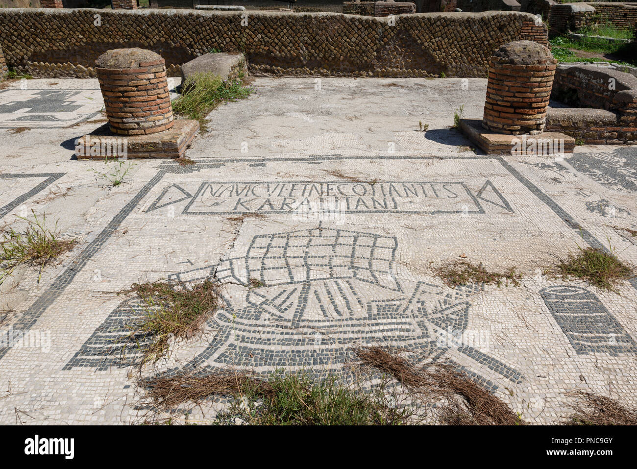 Rome. Italy. Ostia Antica. Mosaic of Roman merchant grain ship and two grain measures, from Carales (Cagliari), Sardinia, 1st/ 2nd century AD, on Piaz Stock Photo