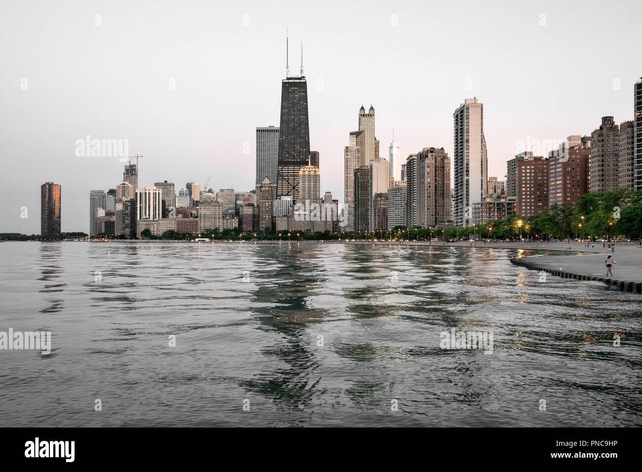 View of the Chicago skyline from North Avenue Beach on Lake Michigan, Chicago, Illinois. Stock Photo