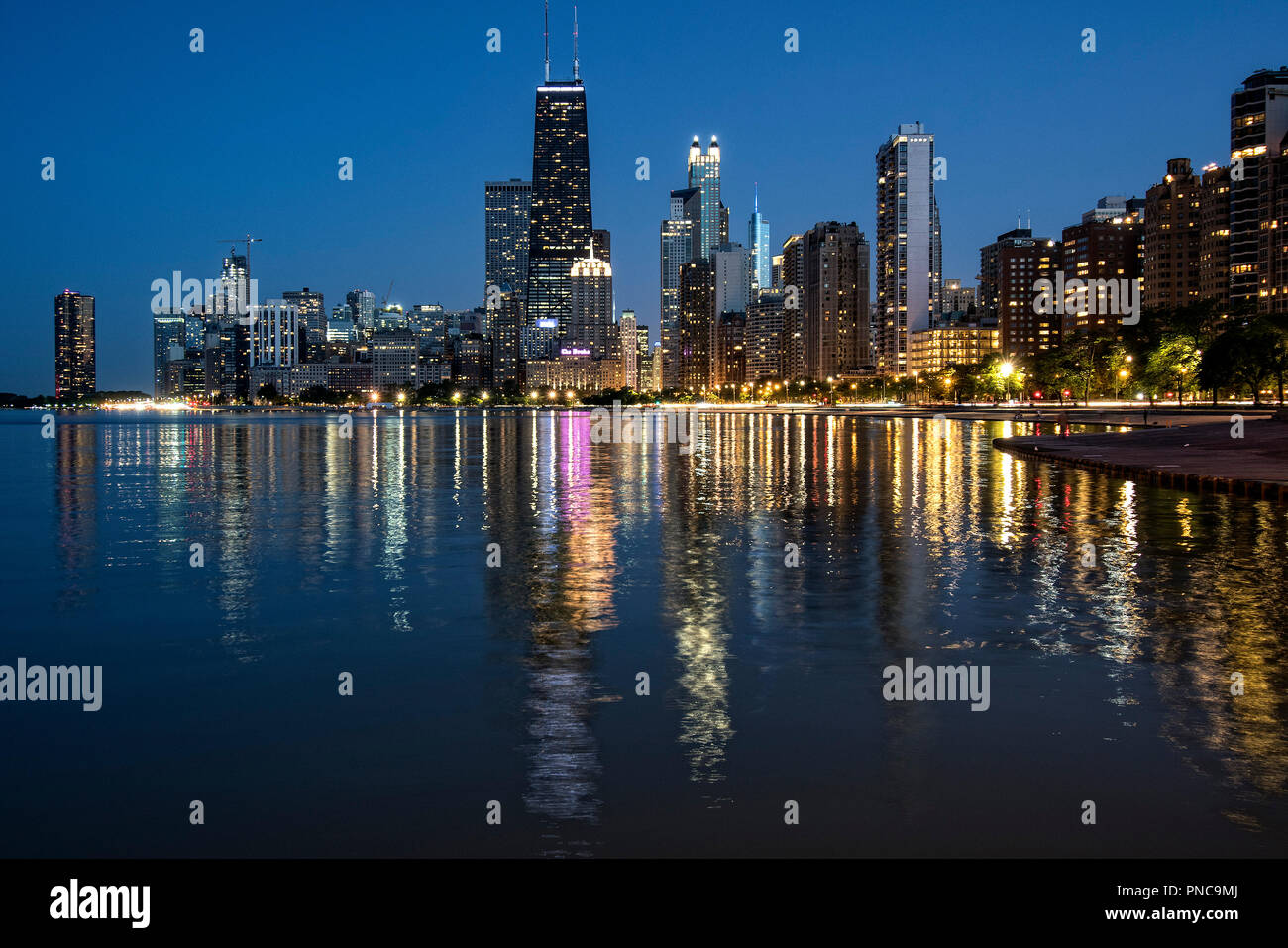 Night view of the Chicago skyline from North Avenue Beach on Lake