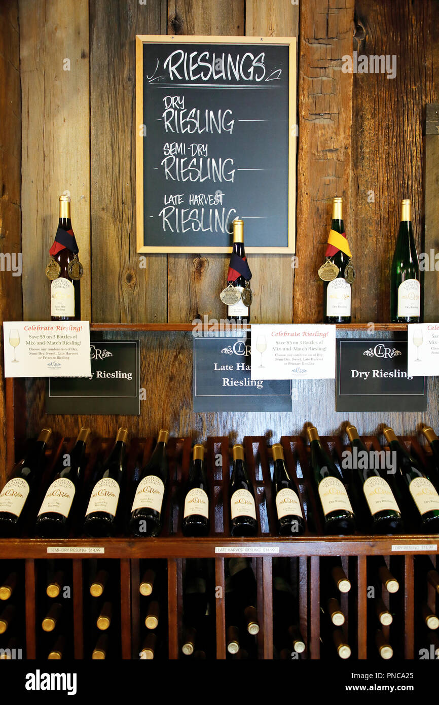 Wines display in the wine shop and tasting barn of Chateau Lafayette