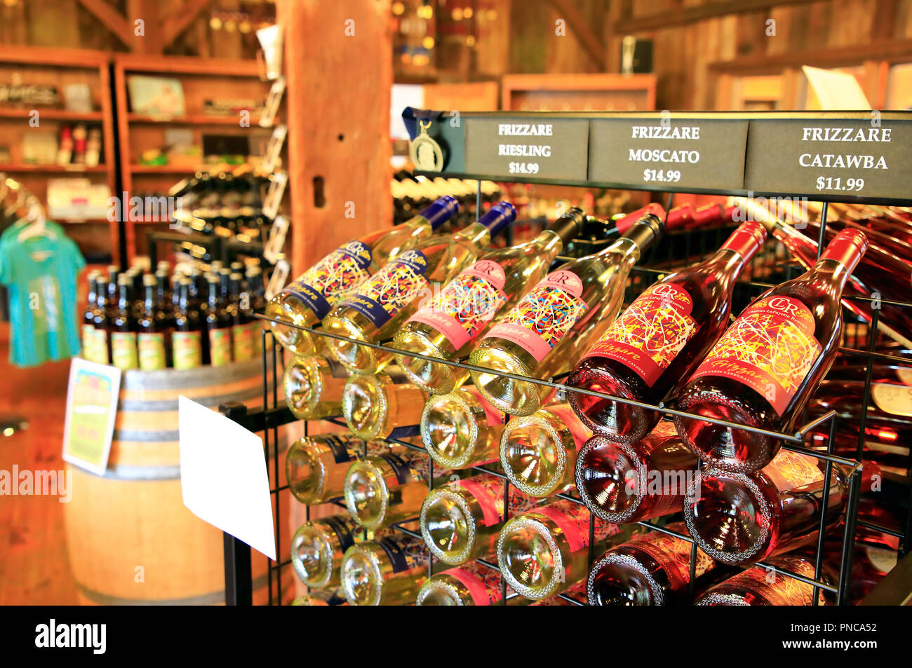 Wines display in the wine shop and tasting barn of Chateau Lafayette