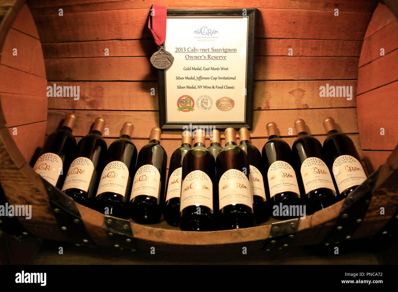 Wines display in the wine shop and tasting barn of Chateau Lafayette