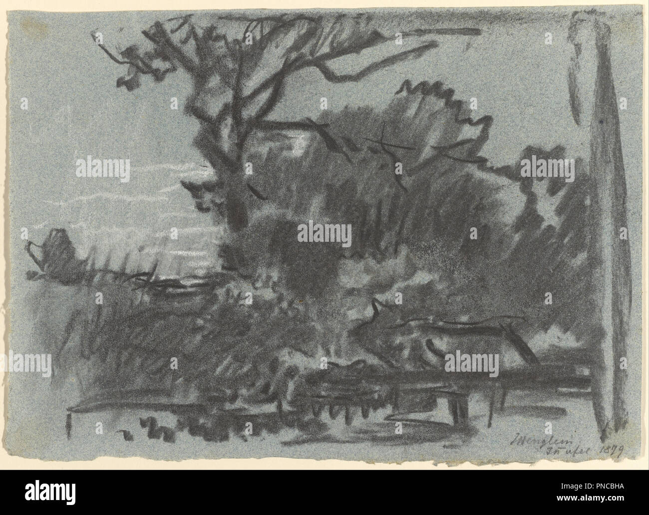 Forest Scene. Date/Period: 1879. Drawing. Black and white chalk. Height: 225 mm (8.85 in); Width: 320 mm (12.59 in). Author: Joseph Wenglein. Stock Photo