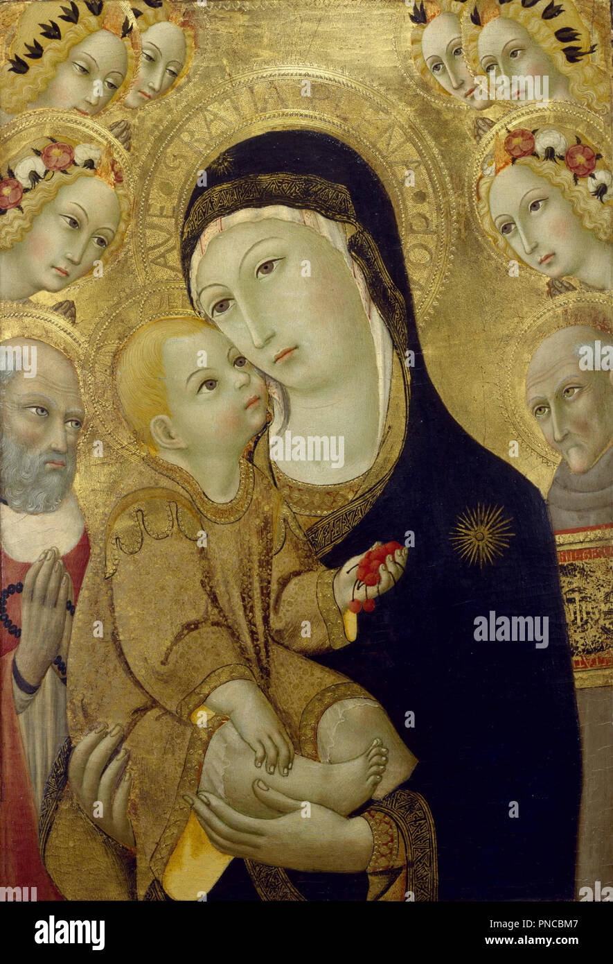 Virgin and Child with Saints Jerome and Bernardino of Siena and Six Angels. Date/Period: 1460/1469. Painting. Tempera and gold leaf on wood. Width: 40.6 cm. Height: 59.7 cm (without frame). Author: SANO DI PIETRO. Stock Photo