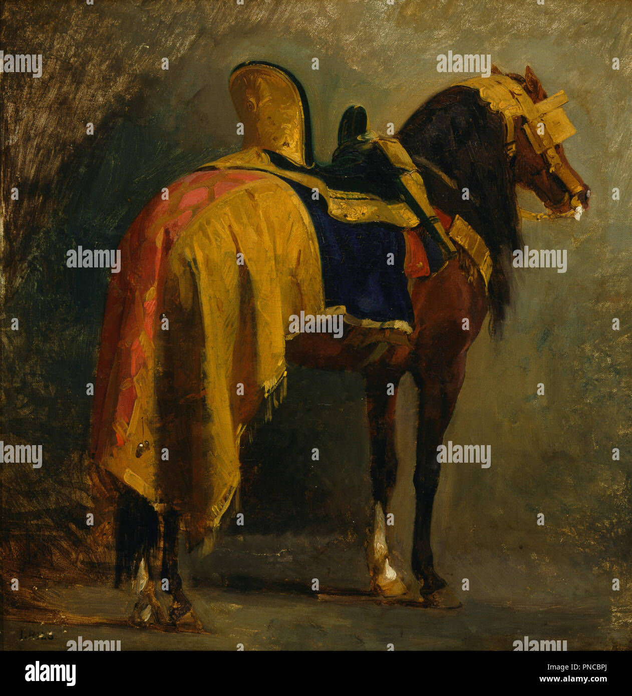 Horse caparisoned. Date/Period: Ca. 1860. Painting. Oil on canvas. Height: 635 mm (25 in); Width: 625 mm (24.60 in). Author: ISIDORE PILS. Stock Photo