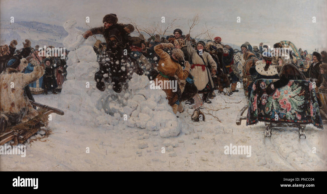 Taking a Snow Town. Date/Period: 1891. Painting. Oil on canvas Oil on canvas. Height: 1,560 mm (61.41 in); Width: 2,820 mm (111.02 in). Author: Vasily Surikov. VASSILY IVANOVICH SURIKOV. Surikov, Vasili Ivanovich. Stock Photo
