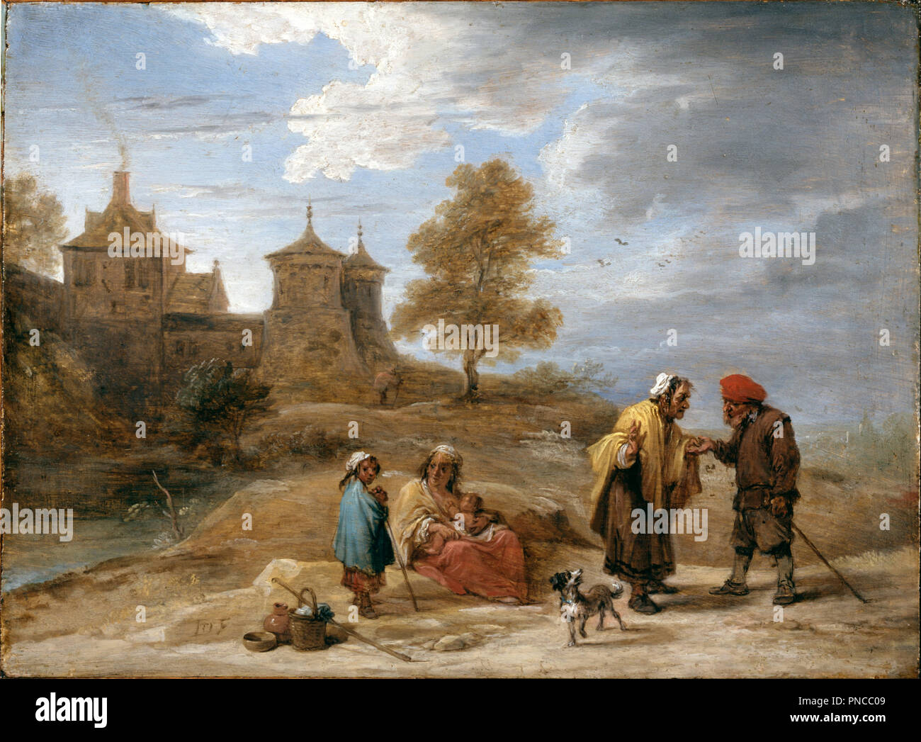 Gypsies in a Landscape. Date/Period: Before 1690. Painting. Oil on panel Oil. Height: 230 mm (9.05 in); Width: 306 mm (12.04 in). Author: TENIERS THE YOUNGER, DAVID. DAVID TENIERS, THE YOUNGER. Stock Photo