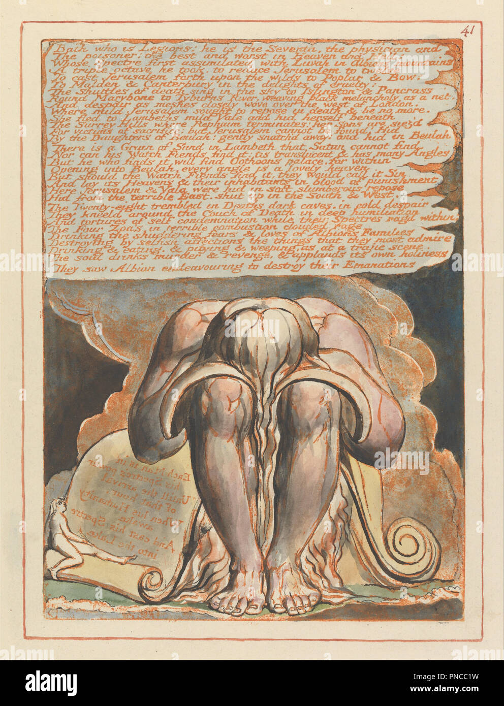 Jerusalem, Plate 41, 'Bath who is Legions....'. Date/Period: 1804 to 1820. Print. Orange print, pen, black ink and watercolor on cream-colored paper (Relief etching printed in orange with pen and black ink and watercolor on moderately thick, smooth, cream wove paper). Height: 225 mm (8.85 in); Width: 162 mm (6.37 in). Author: William Blake. Stock Photo