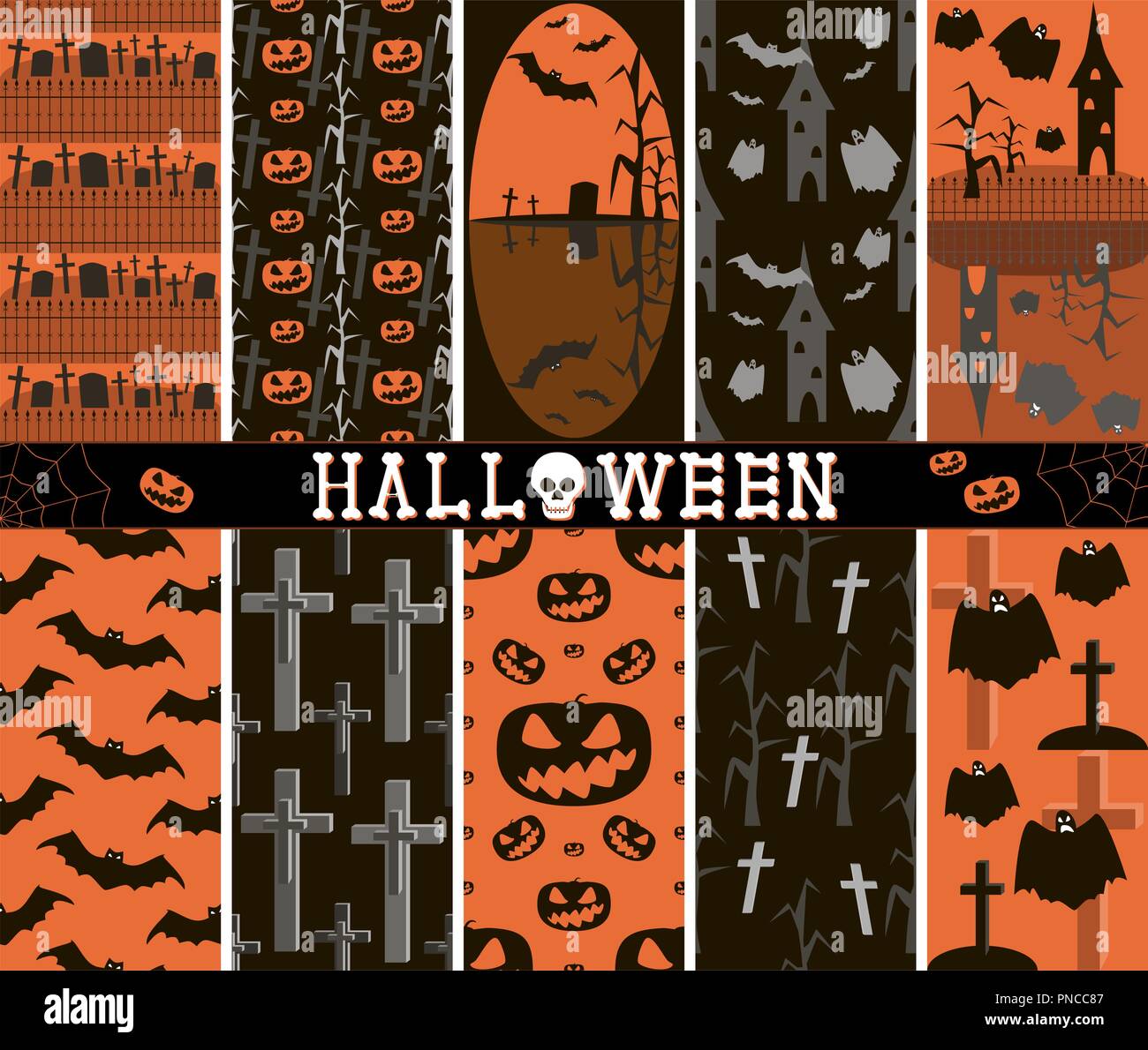 Seamless Spooky Halloween Patterns Set Cemeteries Graves - 