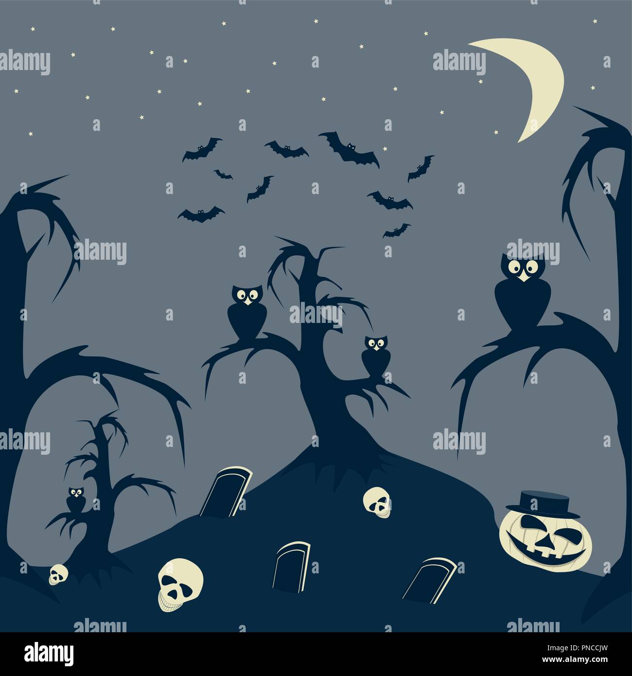 Halloween Night cartoon picture. Graves, grinning skulls and pumpkin on hill, owls on trees, flock of bats in starry sky Stock Vector