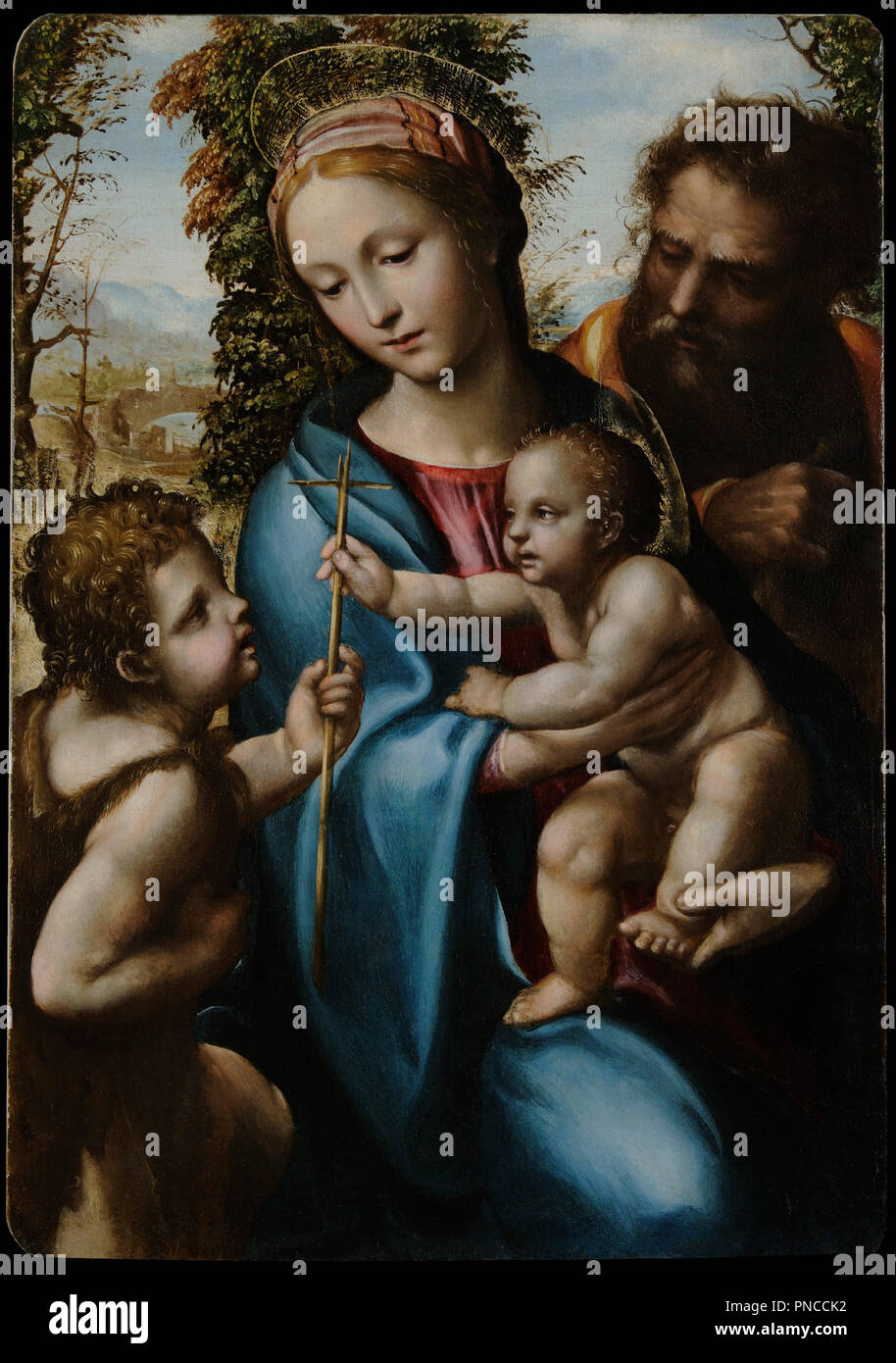 Holy Family with Young Saint John. Date/Period: 1525 - 1527. Painting. Oil on panel. Height: 70 mm (2.75 in); Width: 47 mm (1.85 in). Author: Giovanni Antonio Bazzi known as 'Sodoma'. SODOMA. Stock Photo